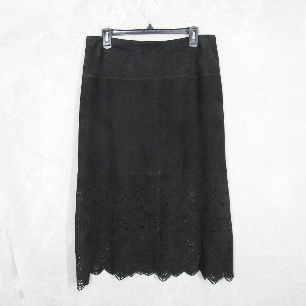 Dana Buchman Black Suede Leather Midi Skirt Womens Size 10 Laser Cut Hem